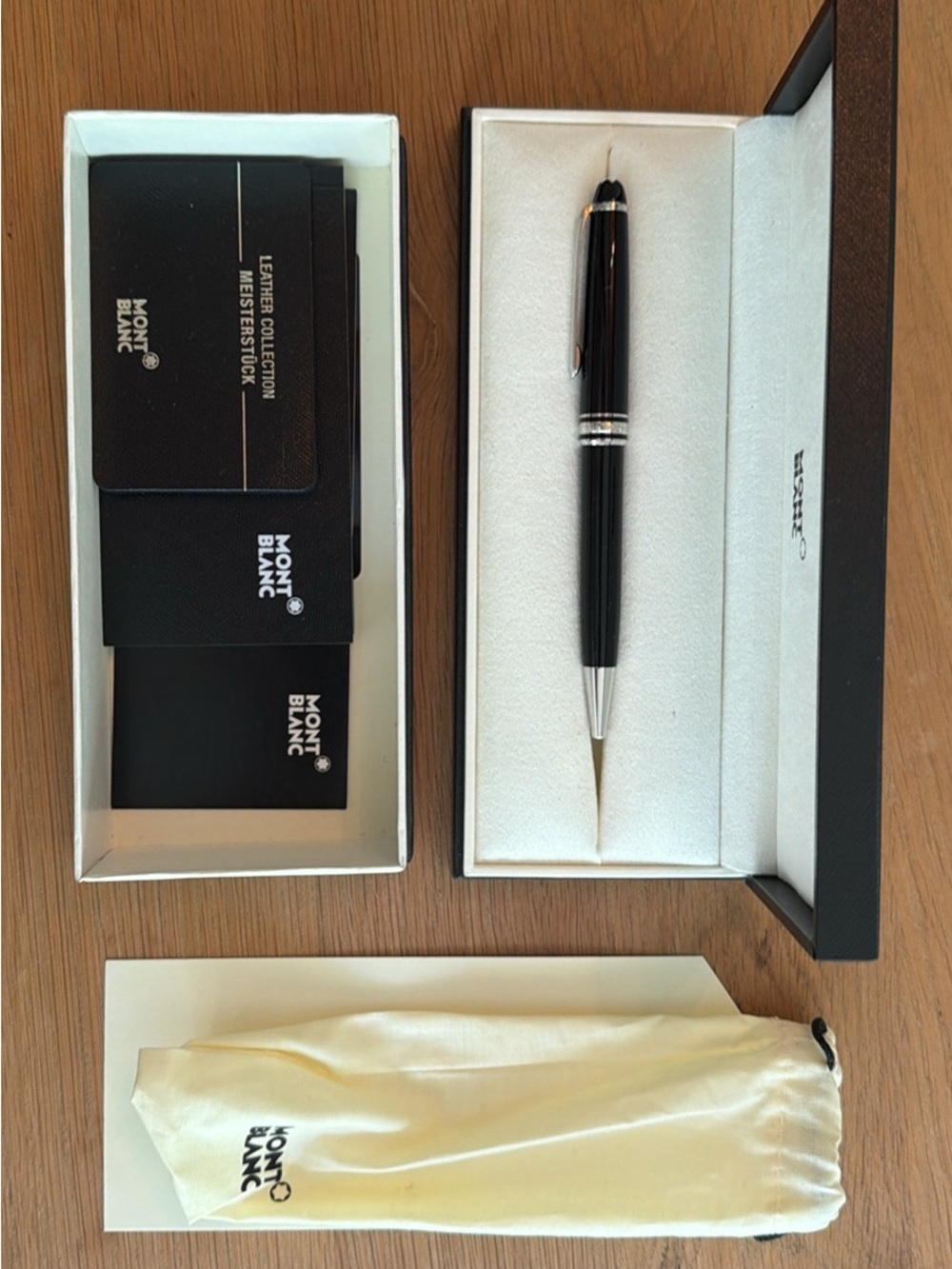 Montblanc Black and Silver Ballpoint Pen with Case and Pouch